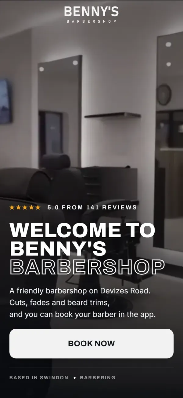 Benny's Barbershop's website on a phone: the first thing a customer sees