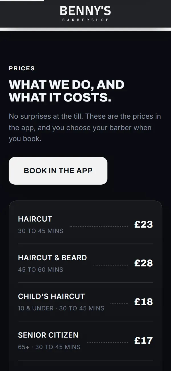 Benny's Barbershop's website on a phone: what they do
