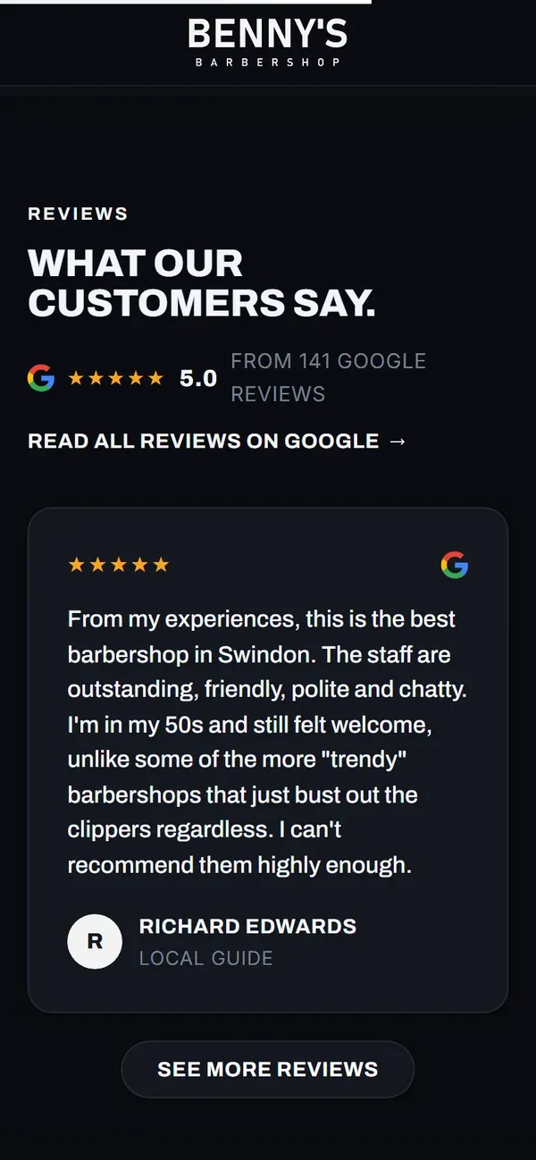 Benny's Barbershop's website on a phone: what their customers say