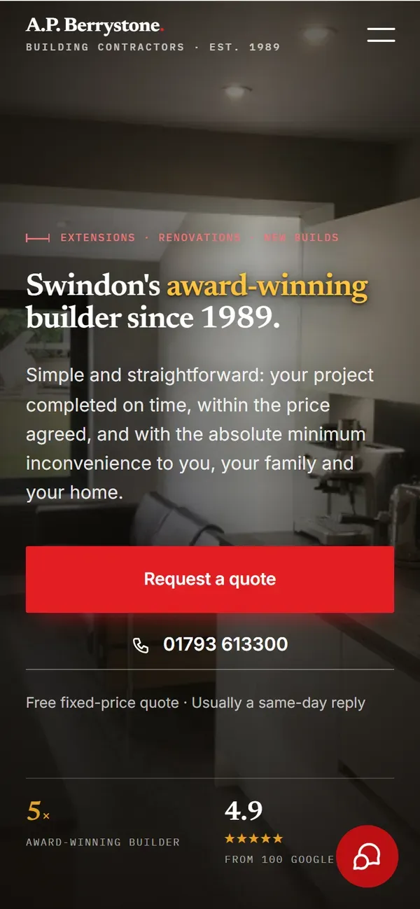 A.P. Berrystone Building Contractors's website on a phone: the first thing a customer sees