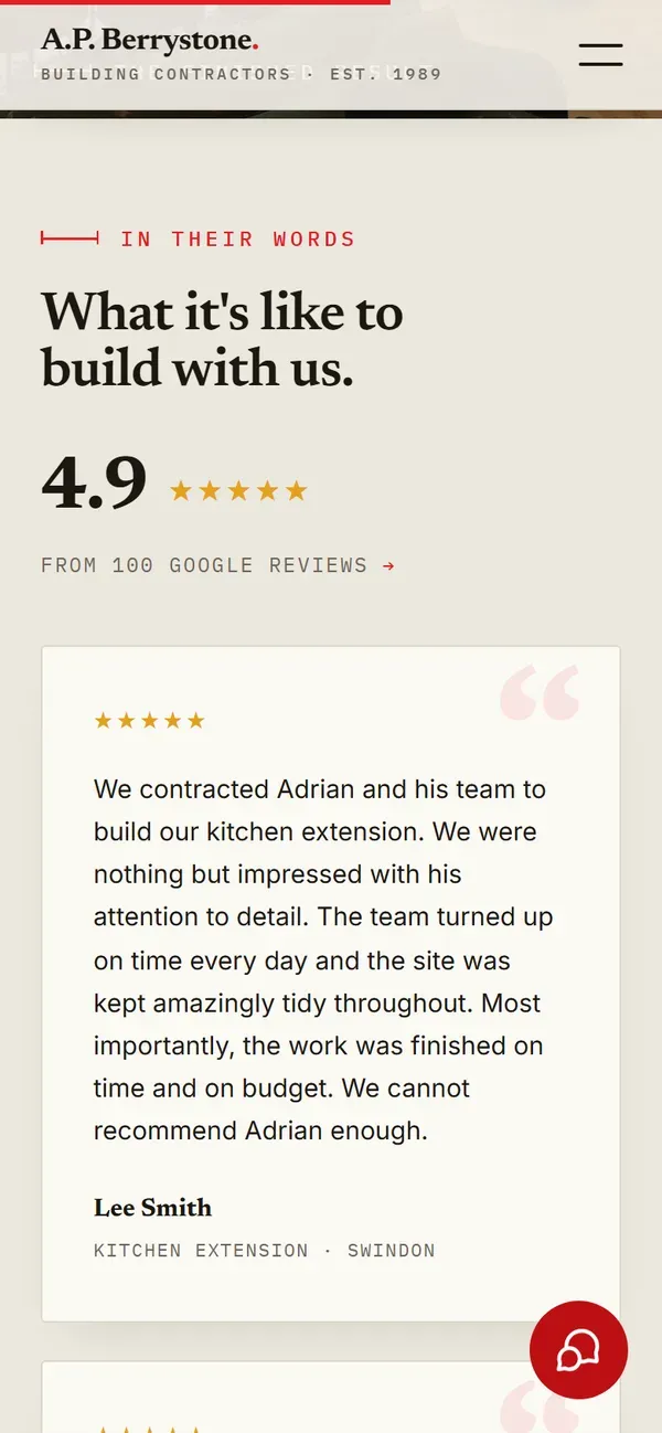 A.P. Berrystone Building Contractors's website on a phone: what their customers say