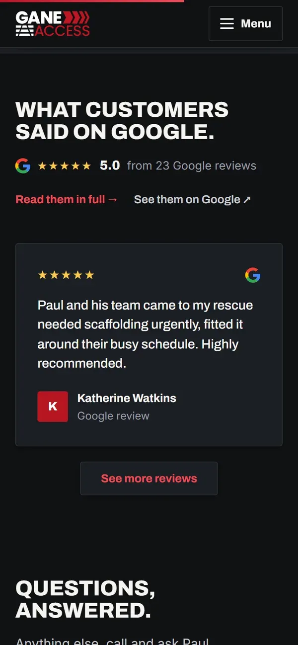 Gane Access's website on a phone: what their customers say