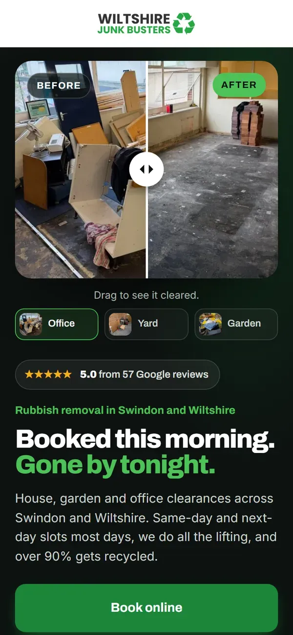 Wiltshire Junk Busters's website on a phone: the first thing a customer sees