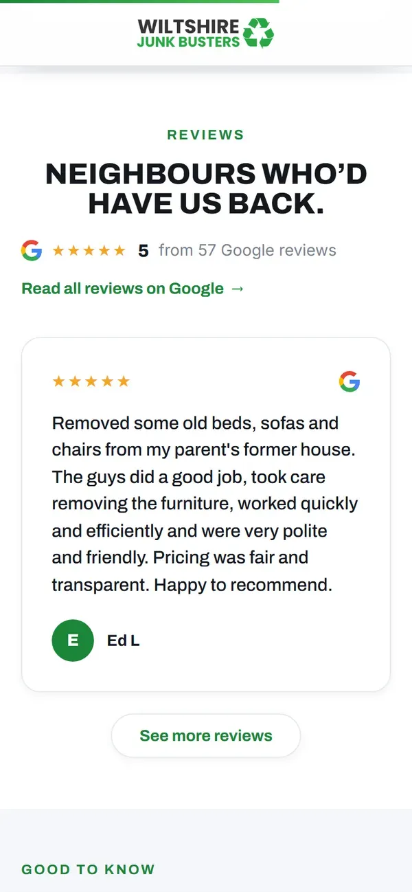 Wiltshire Junk Busters's website on a phone: what their customers say