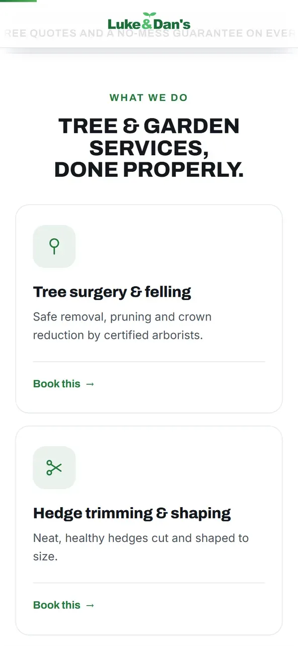 Luke and Dan's Garden Services's website on a phone: what they do