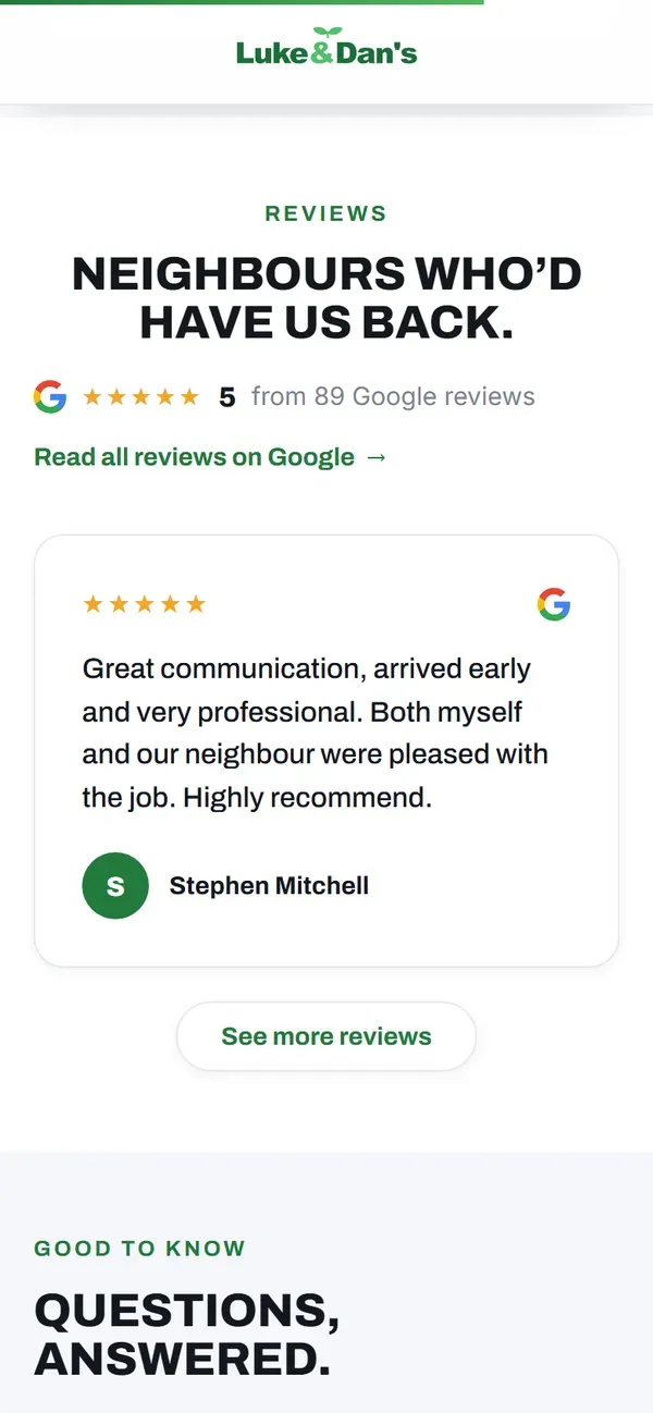 Luke and Dan's Garden Services's website on a phone: what their customers say