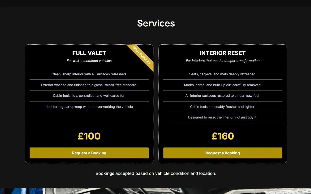 SimplyShine's services and prices on its website: a full valet at £100 and an interior reset at £160