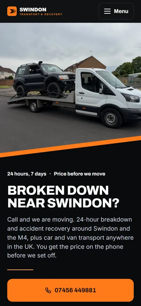 Swindon Transport & Recovery's website on a phone: the first thing a customer sees