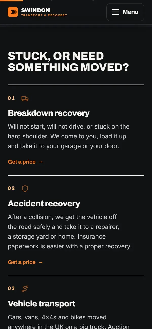Swindon Transport & Recovery's website on a phone: what they do