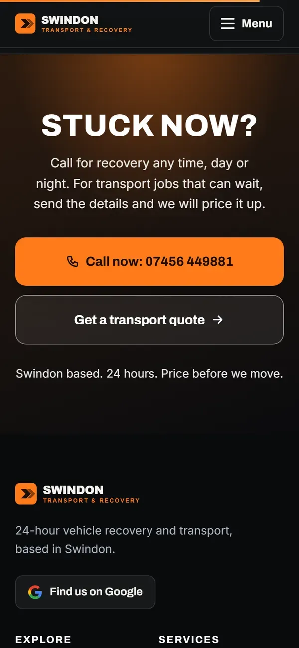 Swindon Transport & Recovery's website on a phone: ready to ring