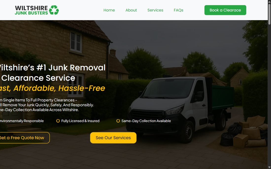 The old Wiltshire Junk Busters website on desktop, with the headline running off the edge of the screen